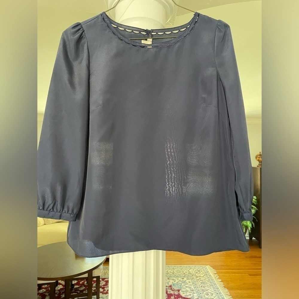 J Crew women’s Navy blue long sleeves round neck embroidered top/ shirt size S - Picture 2 of 6
